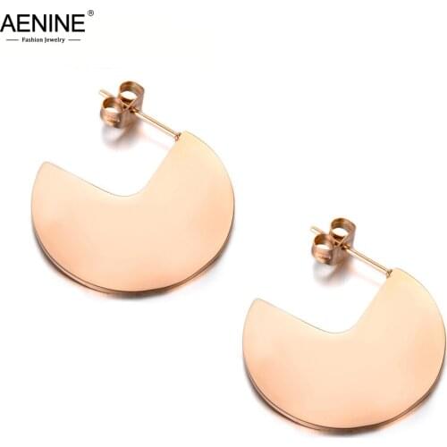 AENINE Hyperbole Glossy Disc Stainless Steel Jewelry Bohemia Geometry Round Stud Earrings For Women Girls Party Gift AE18070