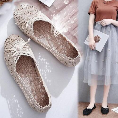 Mesh Lace Shoes Woman Flats Hollow Out Shallow Loafers Bowtie Autumn Ladies Breathable Soft Casual Slip On Sweet Female