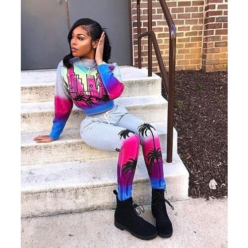 Two Piece Women Print Set Long Sleeve Turtleneck Crop Sweatshirt Top High Waist Sheath Pants Female Fashion Casual Autumn Outfit