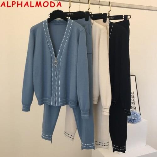 ALPHALMODA 2020 Fall Winter New Knitting Suit V-neck Long-sleeved Zipper Cardigans + Pants Women Casual Knitting Tracksuit