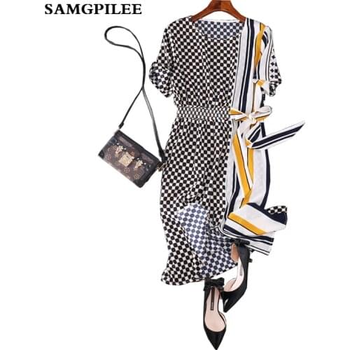 Ukraine 2020 New Samgpilee A-line Plaid Short Sleeve Sashes Knee-length Fashion Natural O-neck Spring Women Dress L-3xl