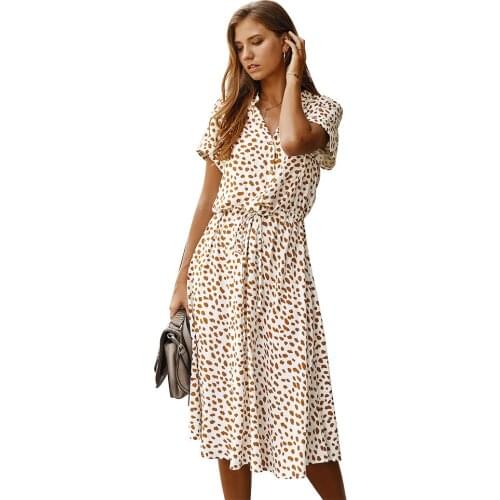 Jospoo 2020 fashion Polka Dot Print Women Summer Cotton and Polyester Dress Short Sleeve White/Orange Bohemain midi Dress