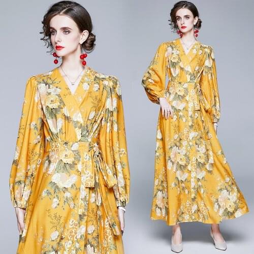 ZUOMAN Women Autumn Elegant Floral Dress Festa High Quality Long Maxi Vintage Party Robe Femme V-neck Designer Yellow Vestidos