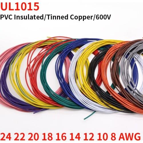 1M/5M UL1015 Electric Wire Cable PVC 8/10/12/14/16/18/20/22/24 AWG Insulated Tinned Plating Copper Cable LED Lamp DIY Wire 600V