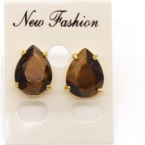 100-Unique 1 Pair Light Yellow Gold Color Water Drop Stud Earrings with Natural Tiger Eye Stone Jewelry