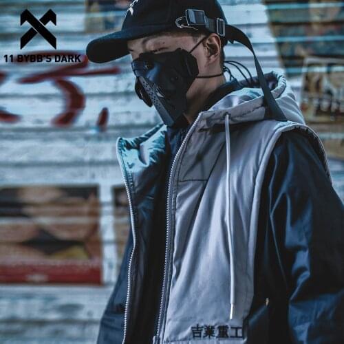 11 BYBBS DARK Hip Hop Padded Cargo Vest Coat Men Streetwear Hooded Crop Sleeveless Tactical Vest Functional Winter Thick Cotton