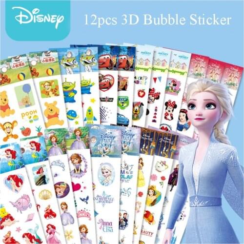 12pcs Disney Mickey Minnie Frozen Sticker Kawaii 3D Puffy Bubble Sticker Anime Cartoon Princess Sofia Girl Kids Reward Book Gift