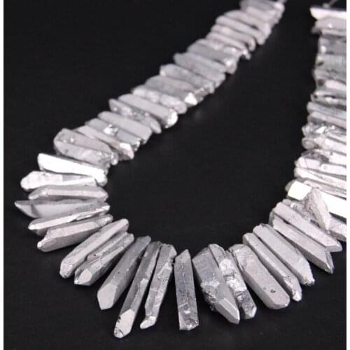 15.5"strand Silvers Titanium Crystal Quartz Top Drilled Point Loose Beads,Raw Crystal Stick Graduated Pendant Beads DIY Jewelry