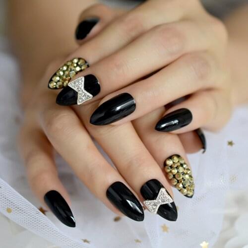 24Pcs Short Almond Black Diamond Design Bowknot Mixed Nail Tips Wholesale Full Cover Nails Gels Nails False Nail