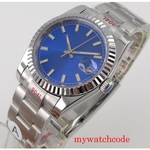 Bliger 36mm Blue Sterile No Logo Automtic Mens Watch Sapphire Glass Lumimnous Marks Fluted Bezel Oyster Bracelet
