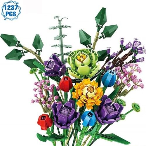 Panlos Technical Ideas Flowers Bouquet Building Blocks Moc Romantic Rose Flower Bricks Home Decoration DIY Toys for Girl Gift