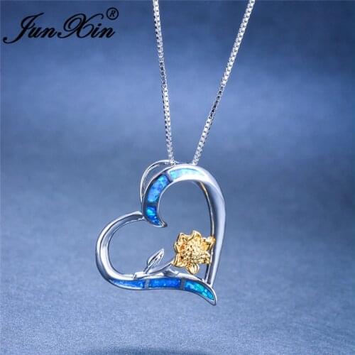 JUNXIN Unique Gold Rose Flower Heart Pendant Necklaces For Women Silver Color Blue White Purple Fire Opal Necklace Jewelry