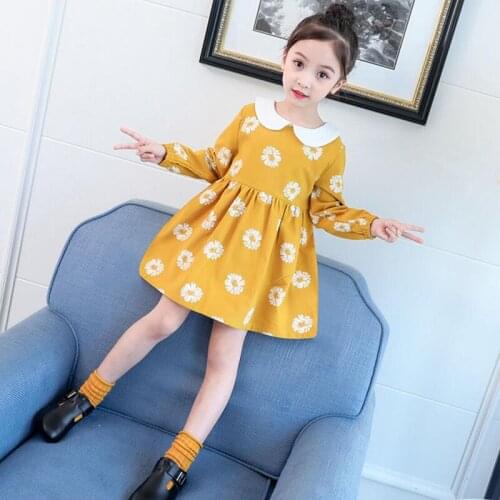 Spring Autumn Children Long-Sleeved Cotton Princess Dress For Girls A-Line Peter Pan Collor Floral Dresses 2 5 6 7 8 Years Old