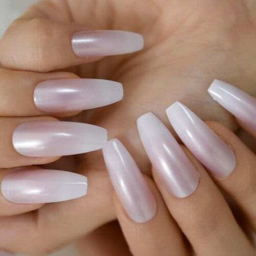 Long Pearl Shimmer Coffin Nail Natural Salon Gradient French Nail Nude Pink Designed Ballerina Nails