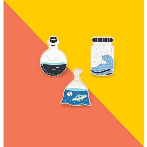 Custom Universe Ocean Mountain Nature Enamel Pin Brooches Bag Lapel Pin Badge Small fresh wishing bottle Jewelry Gift For Friend