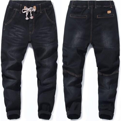 Cotton Elastic Waist Casual Denim Cargo Jeans Pants Plus Size 6Xl 7Xl New Men Simple Slim Stretch Straight Jeans Male Blue Black