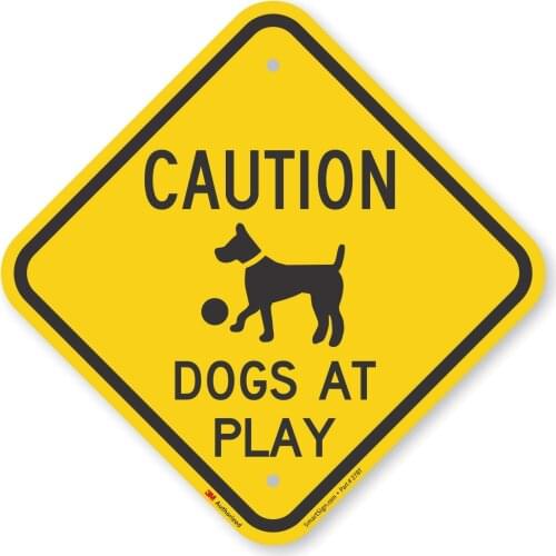 K6748EG12x12D1 "Caution Dogs At Play" Sign | 12" x 12" 3M Engineer Grade Reflective Aluminum Black on Yellow