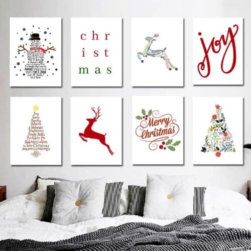 Canvas Painting Christmas Picture Decor Posters HD Prints Merry Christmas Joy Quotes Elk Christmas Tree Wall Art Home Decor Mura