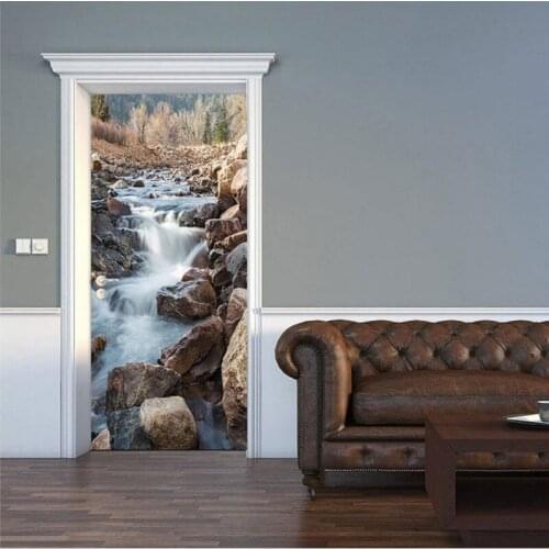 Hot Free Shipping Wholesales Door Sticker Mountain Stream Door Picture Mural Sickers Photo Wallpaper Poster