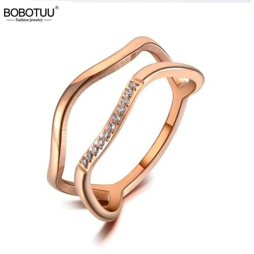 BOBOTUU Trendy Titanium Stainless Steel Wedding Rings For Women Rose Gold Geometry AAA Cubic Zirconia Engagement Jewelry BR19125