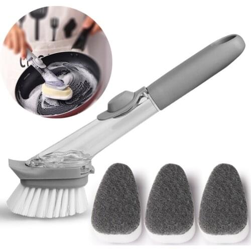 Refillable Liquid Cleaning Brush Kitchen Bowl Scrubber Cleaning Sponge Long Handle Dispenser Cleaner Tool With Dish Soap Washing