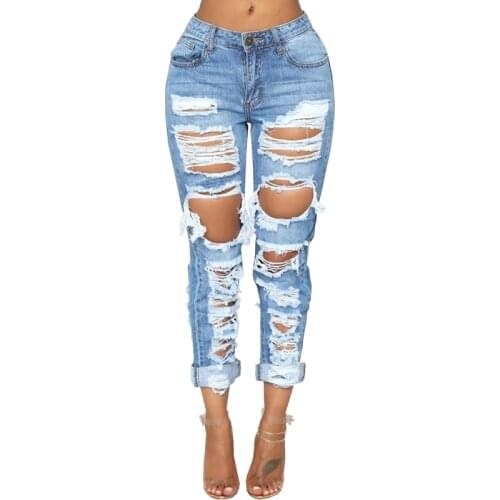 Fashion Ripped Jeans For Women Denim Straight Pants Trousers Mid Waist Casual Skinny Jeans Torn Jeggings boyfriend jeans 2020