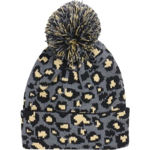 MYZOPER Leopard Elasticity Keep Warm Girl Pompom Hat Fashion New Knitting Causal Crimping Beanie WomenS Winter Hat