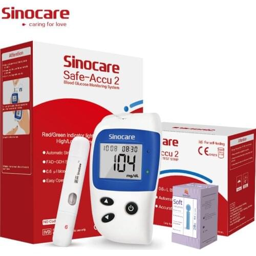 Sinocare Safe Accu 2 Blood Glucose Monitor Kit with Test Strip Needles Test Accurate for Diabetes Glucometer + Free Portable Bag