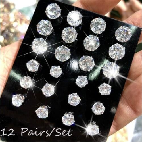 12 Pairs Cute Small Crystal Stud Earrings Set Girls Simple Christmas Gift Zinc Alloy Earings Jewelry Promise Love Tiny Fashion