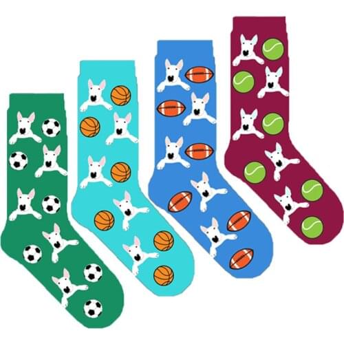 Novelty women bull terrier socks with football basketball rugby ball unisex bulterier dog mom socks gift original 50 pairs
