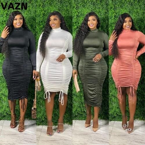 VAZN 2020 Top Quality Young Plus Size Sexy Solid Elegant Bandage Top Turtleneck Full Sleeve High Waist Women Thin Midi Dress