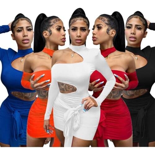 Cutubly Casual Bodycon Mini Dresses Solid Clothes Club Dress Hollow Out Bandage Long Sleeve Sexy One Shoulder Autumn Vestidos