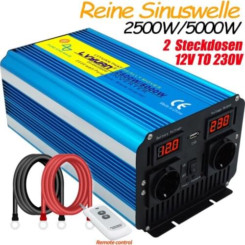 2500W 5000w pure sine wave solar inverter DC12v to AC 220v Voltage transformer converter LED display usb charging dual socket