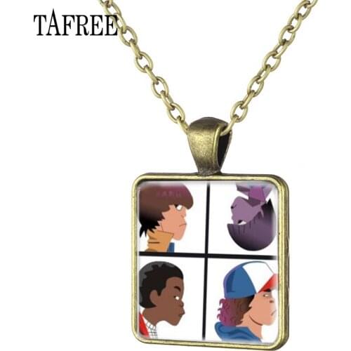 TAFREE Simple Pendant Square Necklace Art Picture Glass Cabochon Dome Necklace American Stranger Things for Men jewelry QF139