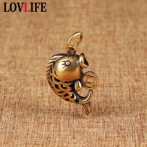 Pure Brass Hollow Small Goldfish Figurines Keychain Vintage Pendants Handmade Animal Fish Key Chain Rings Hanging Jewelry Gifts