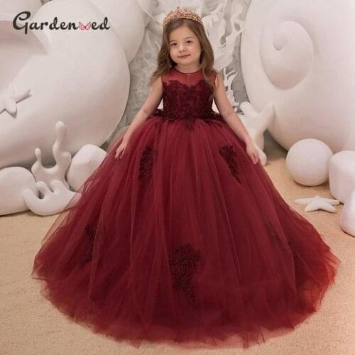 Puffy Tulle Lace Ball Gown Flower Girl Dresses Lace Girl Princess Dress Illusion Girl Wedding Party Dress First Communion
