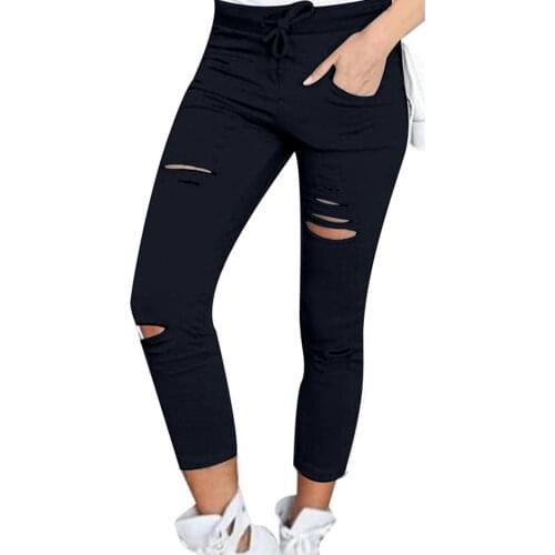 Plus Size Solid Color Womens trousers Drawstring High Waist Pencil Pants Ripped Skinny Womens trousers sports pants Leggings