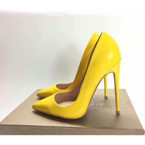 2019 Fashion free shipping Women yellow Patent Leather Poined Toe Stiletto high heel shoe pump HIGH-HEELED SHOE Wedding shoes