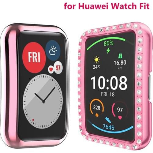 Full Protector for Huawei Watch Fit Case SmartWatch TIA-B09 TPU Soft Shockproof Plating Hard PC Bling Protective Cover Pink