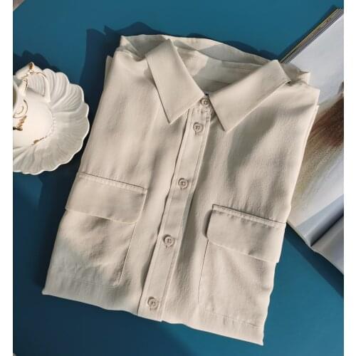 Women Shirt Blue Classic Double Pocket Long Sleeve Shirt