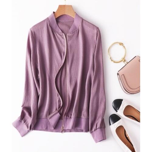 Womens 100% Mulberry Silk 19 momme wrinkled silk solid colors zipper up bomber Jackets Coat Top M157