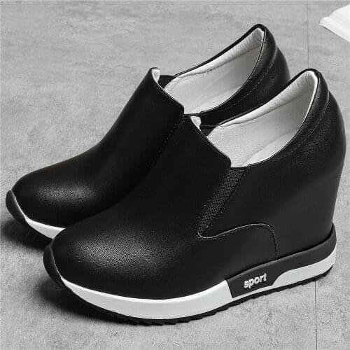 2021 Fashion Sneakers Women Slip On Genuine Leather Wedges High Heel Ankle Boots Female Round Toe Platform Creepers Casual Shoes