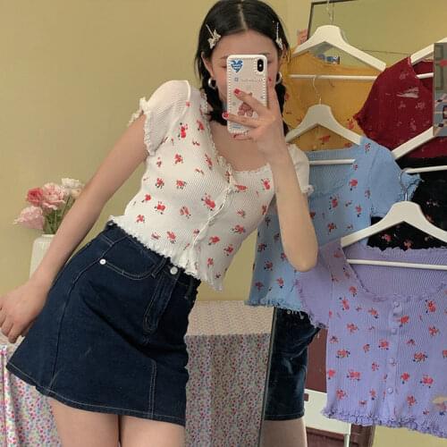 Woman TShirts Womens 2021 Printed Sweater Splicing Lace Top Crop Top Mujer Camisetas