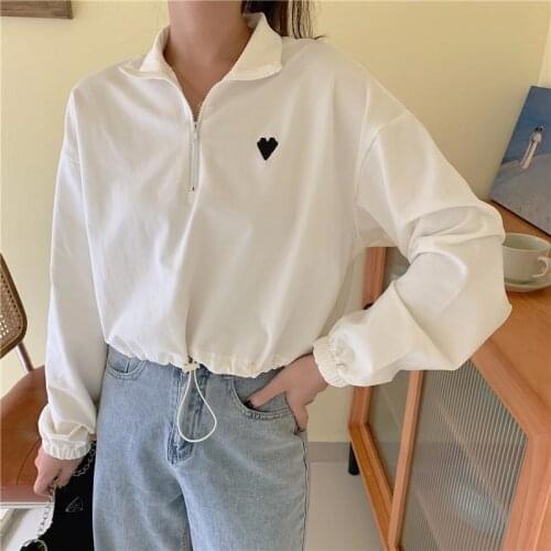 Women Vintage Long Sleeve Pullover Chic Drawstring T-shirt Girls Sweatshirt Zipper Love Embroidery Loose Oversized Tops Hoodies