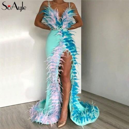 SoAyle Feather Prom Dresses Sexy High Split Side African Evening Dress Beaded Robe De Soiree Blue Mermaid Evening Party Gowns