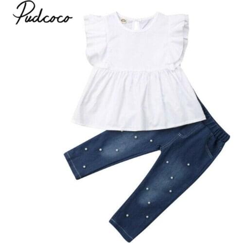 2019 Summer Girls Clothes Sets Childrens Clothing Fashion Girl Shirt Whire Top+Denim Jeans Pearl Point 2019 Kids Clothing 2pcs