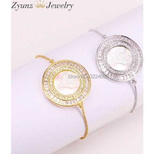 5PCS ZYZ302-6195 Micro Pave CZ Round Shell Fashion Charm Connector Bracelets, Mother of Pearl Bracelet for Women Girl