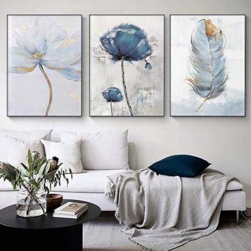 Abstract Scandinavian Blue White Flower Canvas Painting Modern Feather Posters and Prints For Cuadros Living Room Decor No Frame