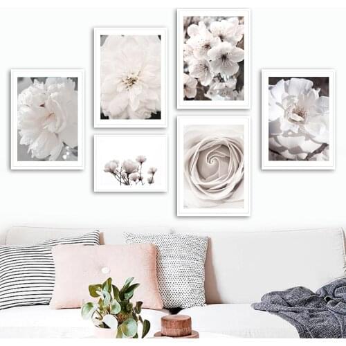 White Fresh Rose Cherry Blossom Dahlia Magnolia Wall Art Print Canvas Painting Nordic Poster Wall Pictures For Living Room Decor