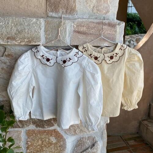 2021 Autumn New Embroidery Floral Baby Girls Cute Blouses Puff Sleeve Tops Korean Style Toddlers Children Shirts